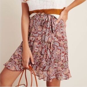 Anthropologie Luca Brown Floral Tie-Waist Skirt